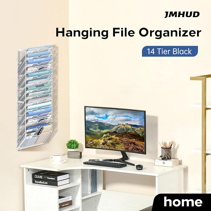 14-Tier Wall File Organizer and Hanging File Organizer, White | Wall Organizer and Wall Mounted File Holder with 14 Pockets and Label Panels for Files, Mail, Folders, Magazines and Paper - Image 3