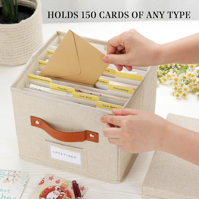 Greeting Card Organizer with dividers - Storage Box with lid Holds 150+ Cards - Assortment Box for Greeting Cards,Recipes, Photos, Envelopes, Keepsake - 9 x 9 x 7 Inches (Beige, 2 pcs) - Image 2