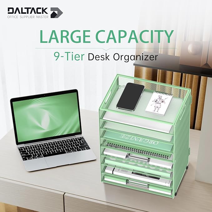 9-Tier Paper Organizer for Desk with Handles, Mint Green, 2 Pack | Desk File Organizer with Removable Trays for Sorting Files, Folders, Mail and Printer Paper at Home, School or Office - Image 3