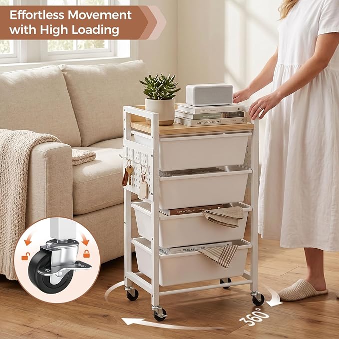 5 Tier Rolling Cart with Drawers, Plastic Drawer Storage Craft Cart with Pegboards & Hooks, Metal Utility Cart with Wheels & Wooden Tabletop, Classroom Office Art Supply Organizers and Storage, White - Image 7