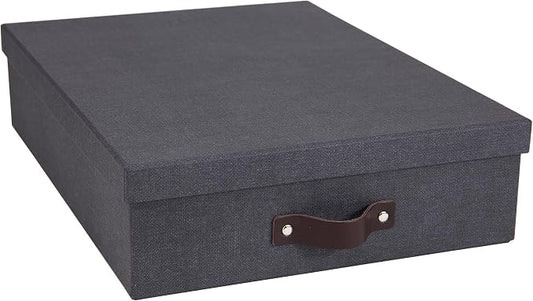 Bigso Oskar Canvas Fiberboard Document Letter Box for Important Paperwork A4 or Letter Size - Durable Keepsake Box with Lid and Leather Handle - 3.3in x 10.2in x 13.8in - Black by Bigso
