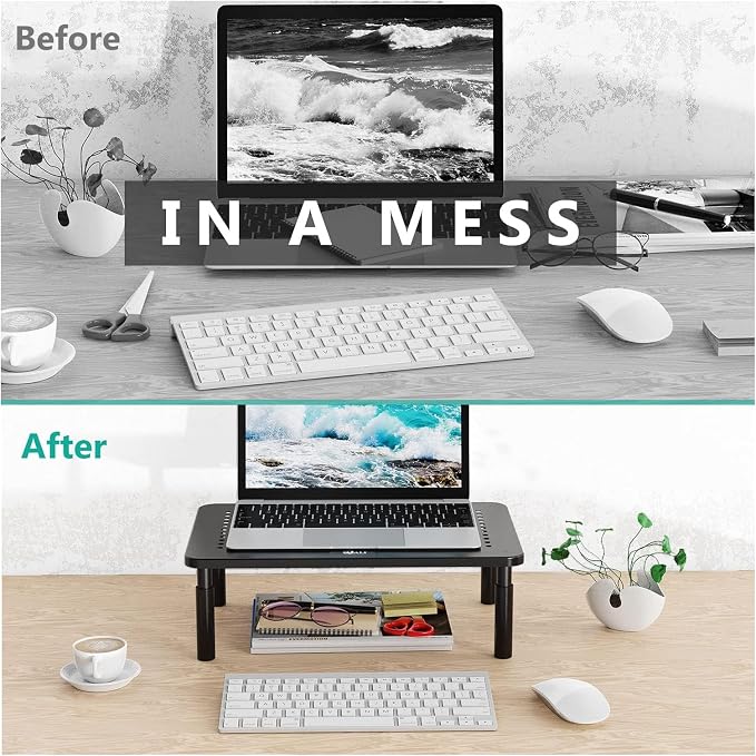 WALI Computer Monitor Stand for Desk, Adjustable Laptop Riser, up to 44 lbs | Monitor Riser Under-Desk Storage, Fits Monitors, Laptops, Printers, for Home, Office, School Supplies (STT003), 1 Pack, Black - Image 6