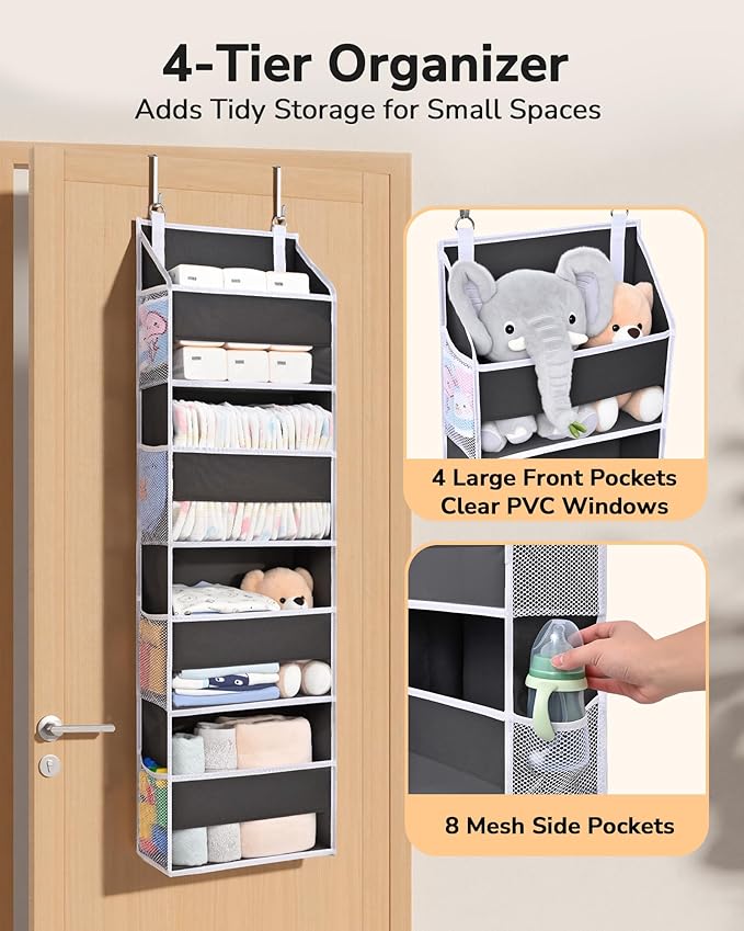 ULG 1 Pack Small Over Door Organizer with 4 Large Pockets 8 Mesh Side Pockets, Hanging Storage Organizer with Clear Window Kids Toys Deep Gray - Image 3