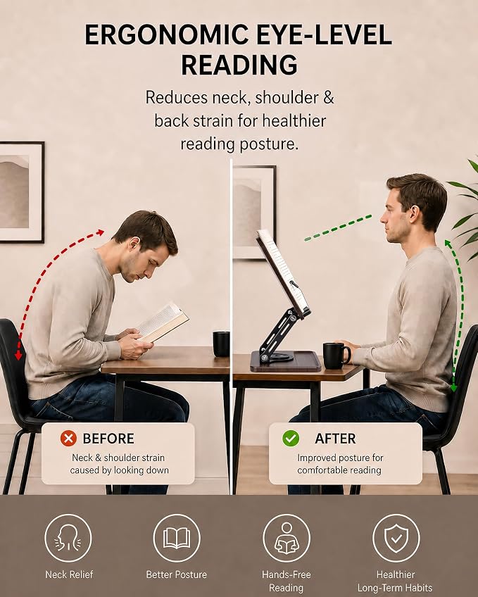 Adjustable Book Stand, Book Holders for Reading Hands Free | Ergonomic Stand for Cookbooks, Bibles, Laptops & Tablets with Page Clips and 360° Rotation - Image 2