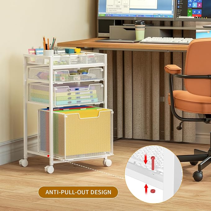 Rolling File Cart with 3 Storage Drawers, Under Desk Organizer with DIY Divider, Moblie Filing Cabinet on Wheels, Fits A4/Letter Size, Metal Utility Cart for Home Office, White - Image 6