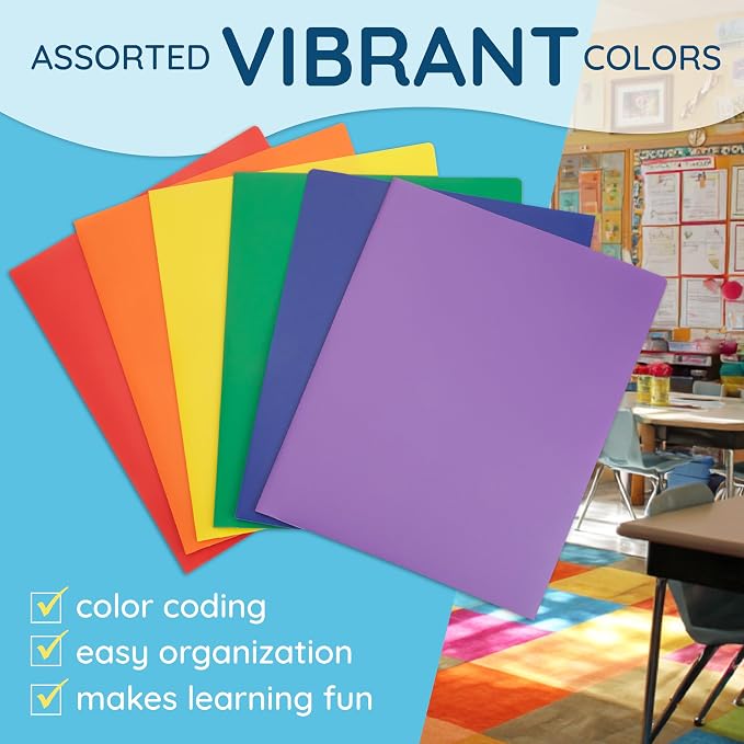 Blue Summit Supplies 30 Plastic 2 Pocket Folders, Assorted Colors | Durable 0.35mm poly, 2 pockets, letter size, for school, office, and document organization - Image 4