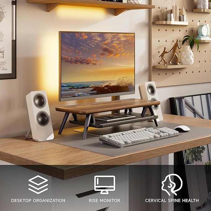 Fenge Monitor Stand Riser, Wooden Desk Shelf with 2-Tier Storage | 23.6-Inch Wide, Sturdy Aluminum Legs, Built-In Phone & Tablet Slot, Desktop Organizer for Office Accessories - Image 2