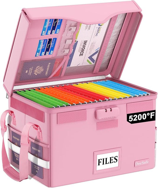 DocSafe 5200°F Fireproof Document Box with Lock,Heat Insulated File Organizer Storage with Pockets,Collapsible Portable Home Office File Safe Box with Handle for Hanging Letter/Legal Folders, Pink by DocSafe