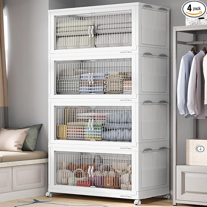 BROVIEW 800Qt Extra Large Stackable Storage Bins with Lids, Closet Organizer Collapsible Drawer Boxes with Wheels, Folding Plastic Cabinet Containers for Home Kitchen Room Organization, 4Pack White by BROVIEW-EnjoytheArtofLife