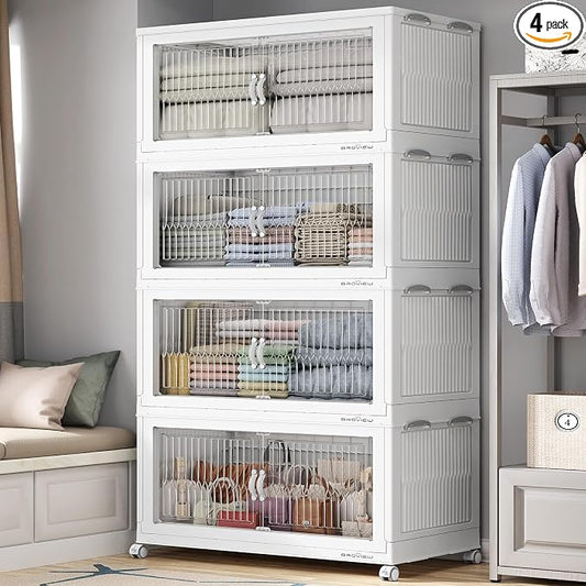 BROVIEW 800Qt Extra Large Stackable Storage Bins with Lids, Closet Organizer Collapsible Drawer Boxes with Wheels, Folding Plastic Cabinet Containers for Home Kitchen Room Organization, 4Pack White by BROVIEW-EnjoytheArtofLife