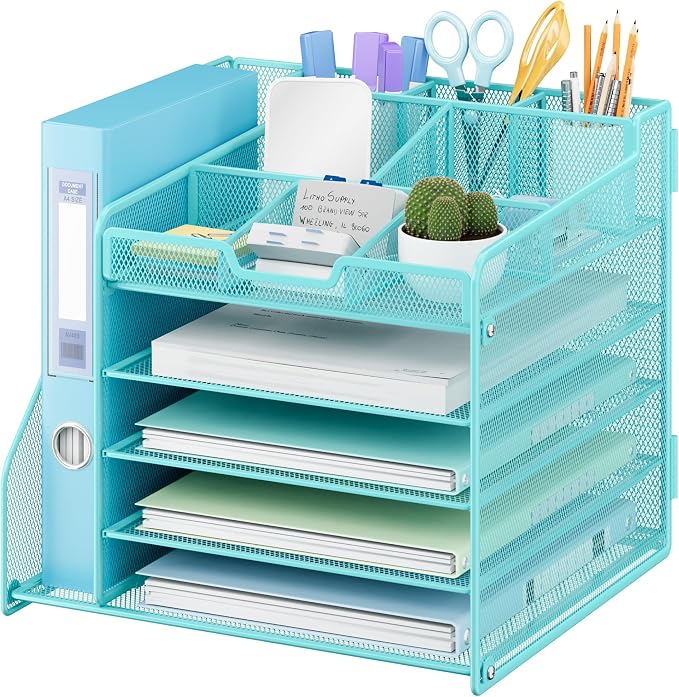 Lavatino 5-Tier Metal Mesh Desk Organizer with File Holder & 7 Customizable Compartments | Paper Letter Tray for Office or Home Desk Storage | Keep Workspace Supplies Neat & Organized, Blue by Lavatino