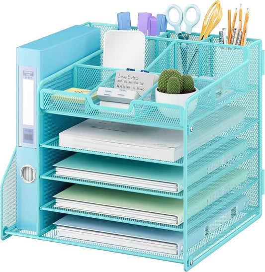 Lavatino 5-Tier Metal Mesh Desk Organizer with File Holder & 7 Customizable Compartments | Paper Letter Tray for Office or Home Desk Storage | Keep Workspace Supplies Neat & Organized, Blue by Lavatino