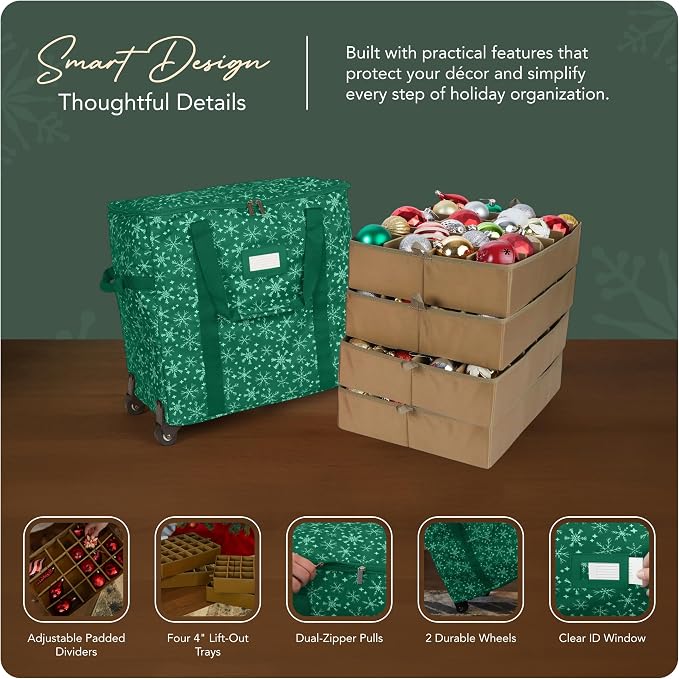 Covermates Keepsakes Rolling Adjustable Ornament Storage Bag – Heavy-Duty Polyester, FlexGrid Trays & Padded Dividers – Protective Holiday Organizer with Wheels, Handles & ID Window, Green Snowflake - Image 4