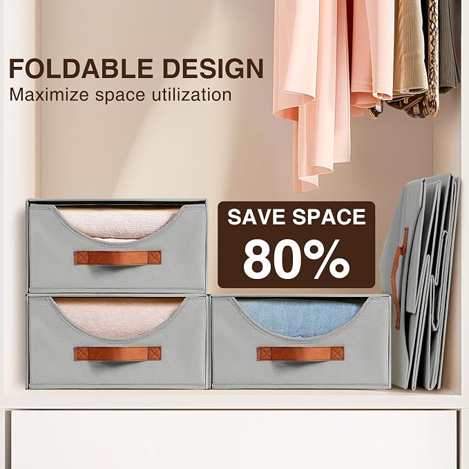 Stackable Storage Drawers - Large Collapsible Storage Bins with Drawers, 8 Pack Closet Shelf Organizer Basket, Fabric Pull Out Organizer for Bedroom, Living Room, Dorm, Grey - Image 7