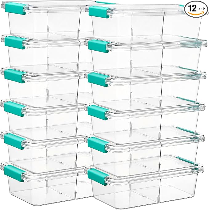 Vtopmart 12 Pack 1.5Qt Clear Pencil Box, Plastic Pencil Holder with Removable Divider for Pen Organizer, Small Stackable Containers with Lid for Pen, Art Craft, Sticker, Scrapbook & Office Supplies by Vtopmart