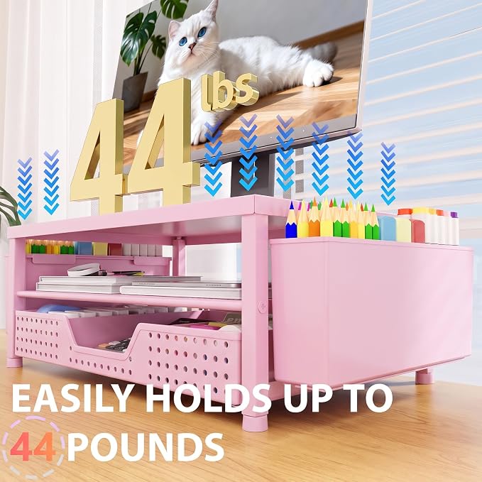 Desk Organizers and Accessories, Computer Monitor Stand Riser with Drawer and 2 Pen Holders, Printer & Laptop Stand, Office Desk Accessories & Workspace Organizers for Home Office Supplies, Pink - Image 6