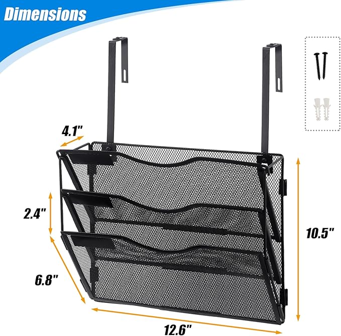 3 Pocket Mesh Hanging Wall File Organizer with Hangers & Nametag Label, Wall Mounted Mail Paper Document Folder Holder, Clipboard Storage Organization Magazine Rack for Office Cubicle, Black - Image 2