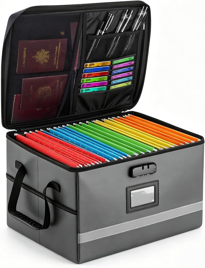 EXLIFBAG File Organizer, Fireproof File Box with Lids, Important Document Organizer Box with Lock, Portable File Folder Organizer with Handle by EXLIFBAG