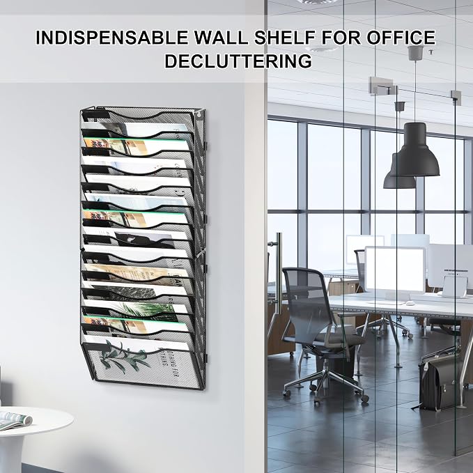 EasyPAG Wall File Organizer for Office 14 Pocket Mesh Wall Mounted Paper Organizer Hanging Folder Holder with Nametag Label for Home School, Black - Image 2