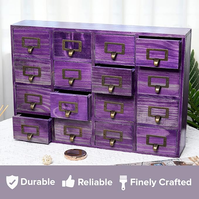 Purple 16-Slot Wooden Drawer Unit - Country Style Desk Organizer Box - 20"x3.6”x14” Wooden Storage Box w/ 16 Drawers - Countertop Drawers w/Label Holder & Handle - Slim 4-Level Organizer - Image 7