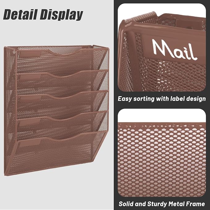 5 Pocket Mesh Hanging Wall File Organizer, Wall Mounted Mail Paper Document Folder Holder, Clipboard Storage Organization Magazine Rack with Nametag Label for Office Home School, Brown - Image 4