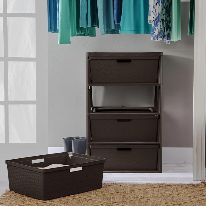 2Pack,4-Drawer Storage Tower, Wide Plastic Organizer with Removable Bins | Decorative Weave Design, Tool-Free Assembly, Removable Bins, Carry Handles, Drawer Stops, BPA-Free,Brown - Image 4