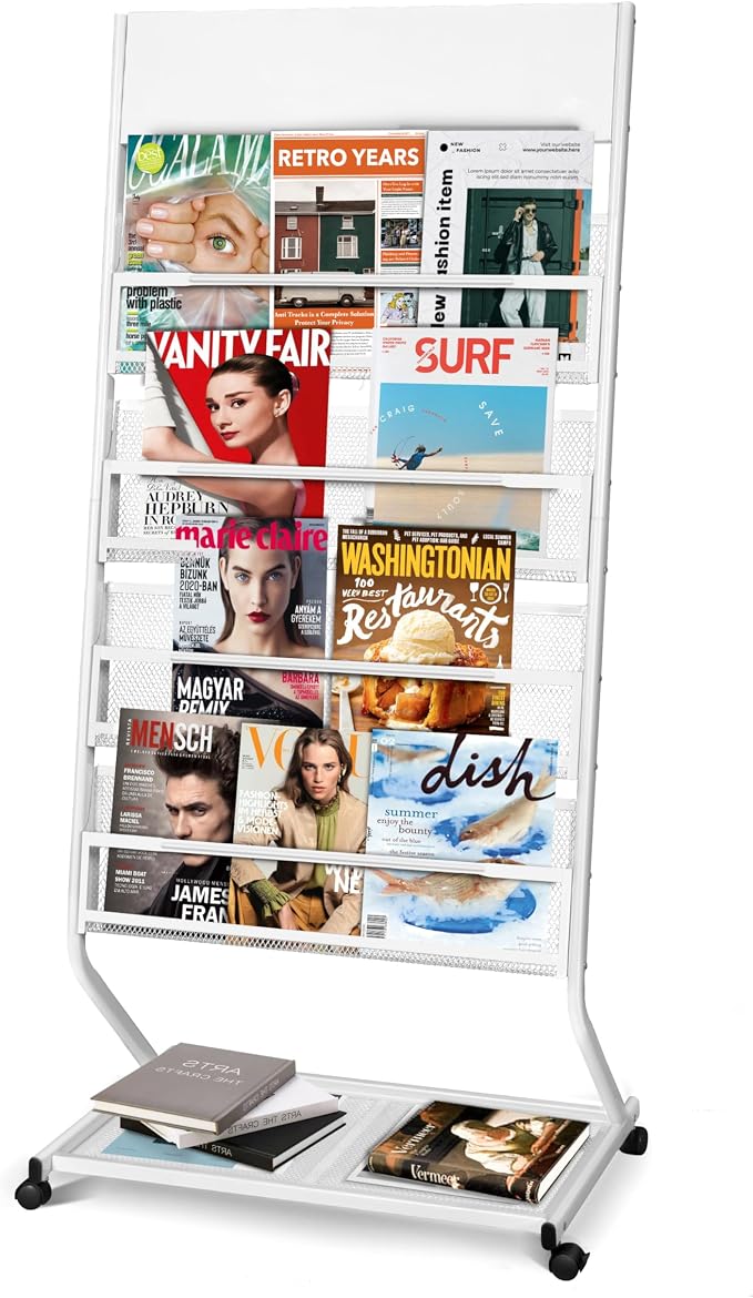 4-Tier Rolling Magazine Rack, Floor Standing Brochure & Literature Display Stand, 23.4" Wide, White by XIDIHF