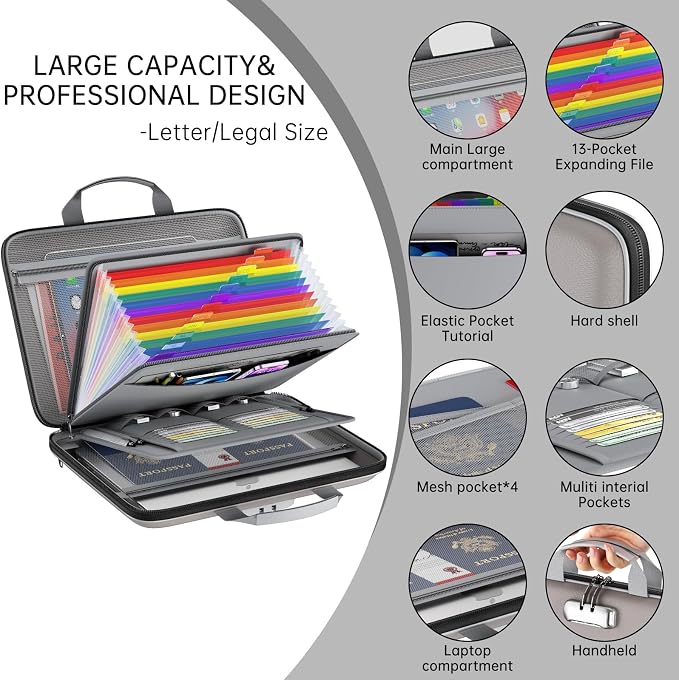 Fireproof File Organizer with Lock, Hard-Shell Document Box, Gray | Water Resistant, 13-Pocket Expanding Folder, Portable Safe Storage for Letter Legal Files, Laptop, Valuables, Large Capacity - Image 4