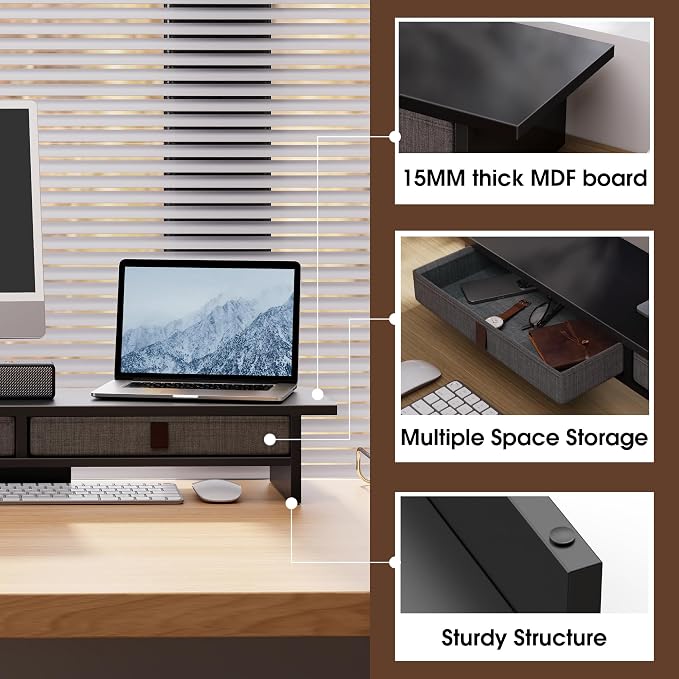 Fenge 35 Inch Monitor Stand with Drawer Storage, Computer Riser for Desk | Wooden Computer Shelf, 2 Tiers, for Dual Monitor/Laptop/PC/TV/Printer up to 55Lbs, Home Office Desk Organizer - Image 3