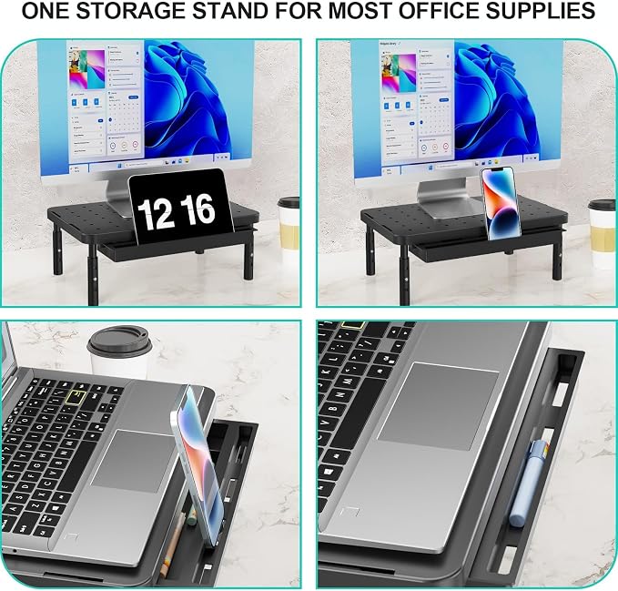 WALI Computer Monitor Stand with Storage, Monitor Riser 3 Height Adjustable | Laptop Riser with Airflow Vents, Desk Organizer for Computer, Printer, Notebook (PTT002-B), 1 Pack, Black - Image 5