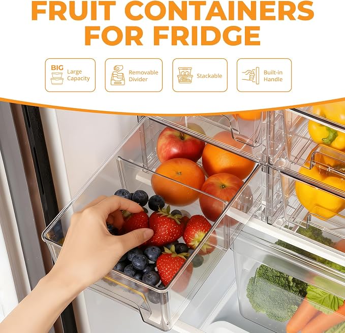2 Pack Stackable Storage Drawers,Plastic Organizers Bins, Drawers Storage with Handles and Movable Dividers for Organization and Storage in Fridge,Bathroom, Pantry, Kitchen Cabinets, Under Sink - Image 3