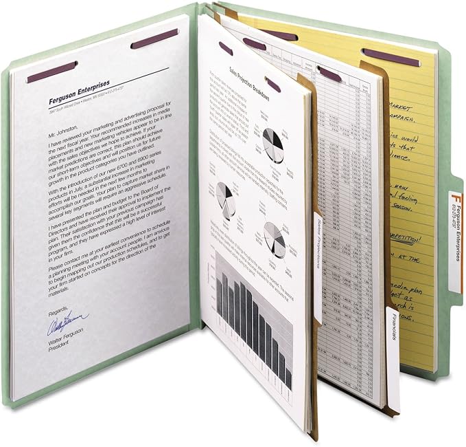 Smead Pressboard Classification File Folder with SafeSHIELD Fasteners, 2 Dividers, 2" Expansion, Letter Size, Gray/Green, 10 per Box (14076) - Image 4