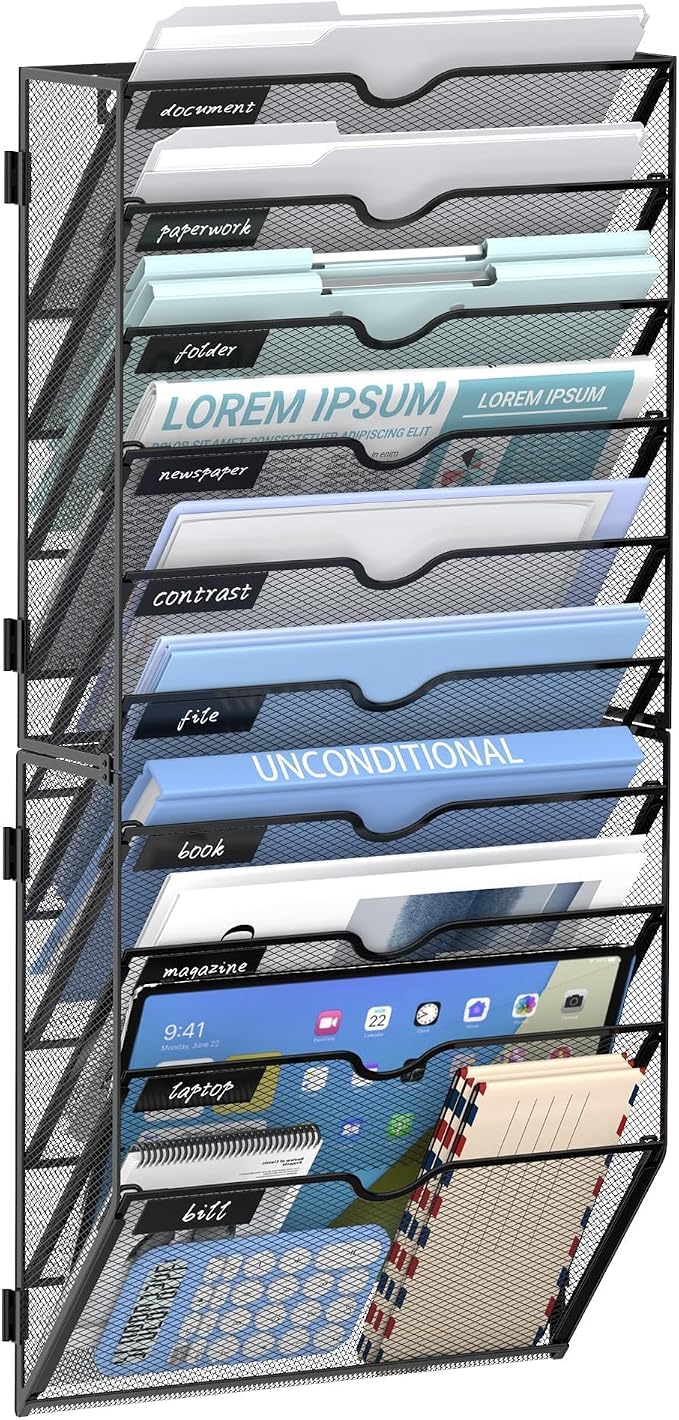 10 Tier Wall File Organizer Office Hanging Mail Holder Wall Mounted, Mesh Paper Document Organizer for Office Home School, Black | Wall Organizer and Wall Mounted File Holder with 10 Pockets and Label Panels for Files, Mail, Folders, Magazines and Paper by JMHUD