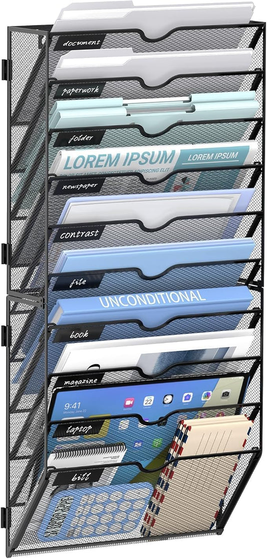 10 Tier Wall File Organizer Office Hanging Mail Holder Wall Mounted, Mesh Paper Document Organizer for Office Home School, Black | Wall Organizer and Wall Mounted File Holder with 10 Pockets and Label Panels for Files, Mail, Folders, Magazines and Paper by JMHUD