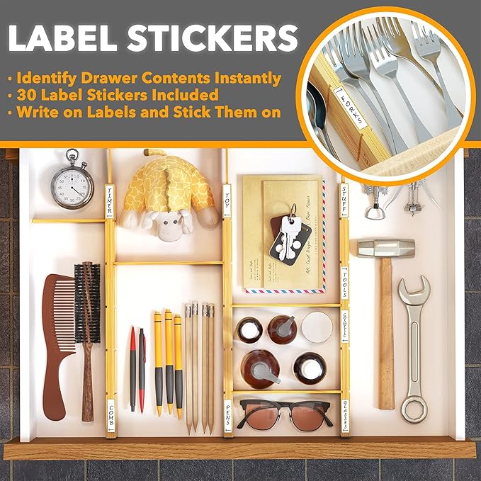 SpaceAid Bamboo Drawer Dividers with Inserts and Labels, Kitchen Adjustable Drawer Organizers, Expandable Organization for Home, Office, Dressers and Bathroom, 6 Dividers with 12 Inserts (13.25-17 in) - Image 4