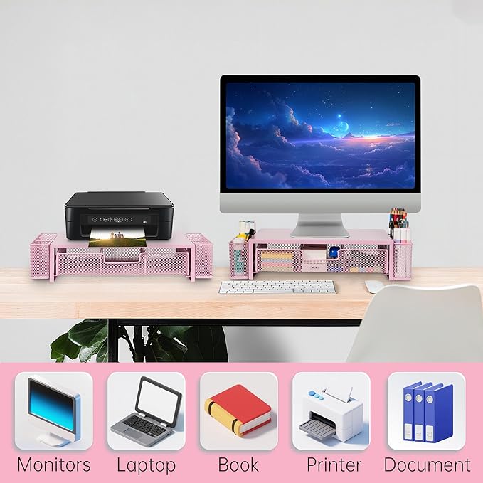 Qupui Computer Monitor Stand Riser with Drawer and Pen Holders, Desk Organizer Shelf and Accessories, Office Desk Accessories, Office Organization, Pink - Image 5