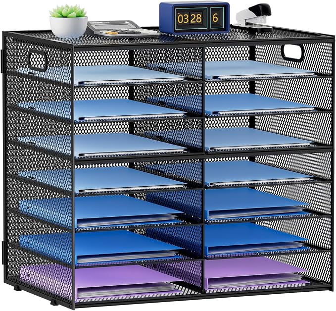 Lavatino 14 Compartments Paper Organizer for Desk, Mesh Literature Organizer, Mail File Sorter Tray with Handle, Desktop Mailbox for Office Classroom Home, Black by Lavatino