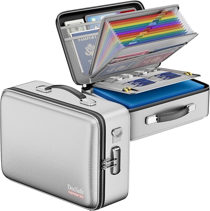DocSafe Fireproof Document Box Hard Case with Lock ＆ Accordion File Folder | Fire and Water Resistant Safe Box,File Organizer,Multi-Pocket,Home Office Travel Storage for Important Document,Laptop,Silver by DocSafe