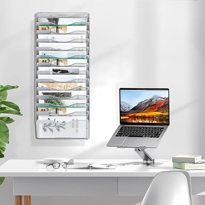 EasyPAG Wall File Organizer for Office 14 Pocket Mesh Wall Mounted Paper Organizer Hanging Folder Holder with Nametag Label for Home School, Silver - Image 8