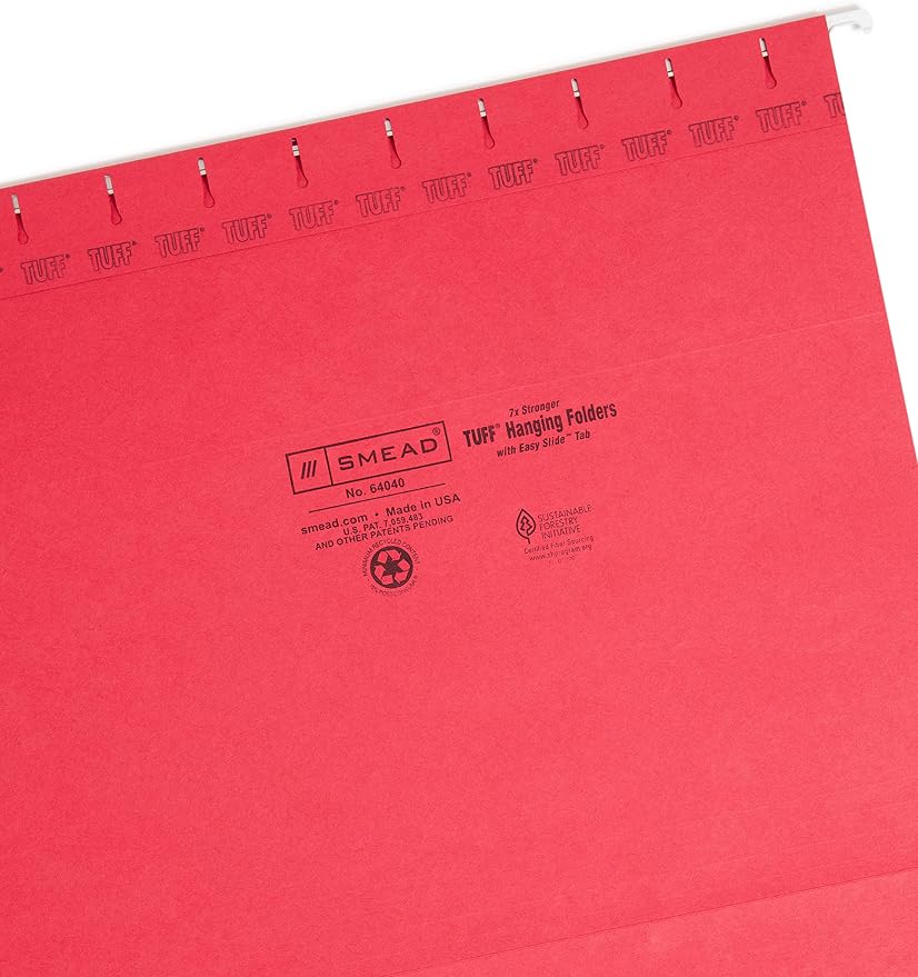 Smead Heavy Duty TUFF Hanging File Folder with Easy Slide Tab, 7 Times Stronger Than Standard Hanging Folders, 1/3-Cut Sliding Tab, Letter Size, Assorted Primary Colors, 150 per Box (64040) - Image 4