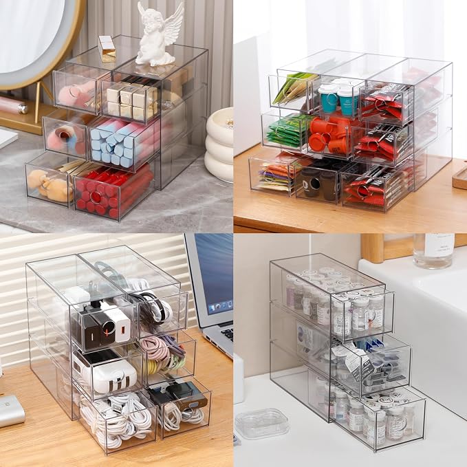 Clear Desk Drawers Organizer, 4 Pack, 12 Drawers, Plastic | For Home Office Supplies, Marker Pen, Art Crafts, Crayons, Coffee Pods, Makeup, For Bathroom, Kitchen, Pantry, Coffee Bar - Image 5