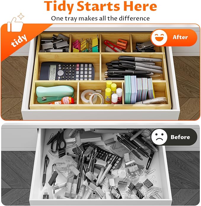 Bamboo Drawer Organizer with 9 Adjustable Compartments, Desk Storage Tray | Natural Bamboo, Flexible Modular Trays, Water-Resistant, Adjustable, Excellent Organization, Easy to Clean, Non-Slip Design - Image 6
