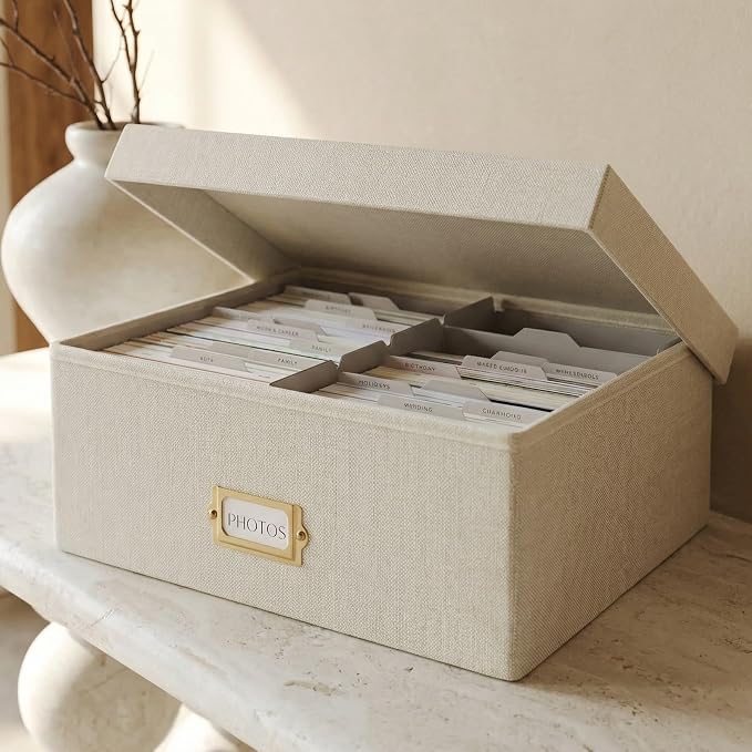 ZICOTO Decorative Photo Storage Box - Sturdy Linen Photo Organizer with Dividers is Perfect to Store up to 1700 Pictures and 4x6 Photos - Portable Scrapbook Storage Containers with Lid by ZICOTO