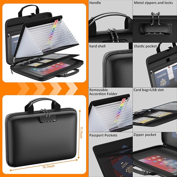 Tamfile Fireproof File Organizer with Lock,Hard Case Fireproof Document Box | 13 Transparent Pockets Accordion File Folder, Office Important Document Organizer for Letter A4 Files Laptop Passports, Black - Image 4