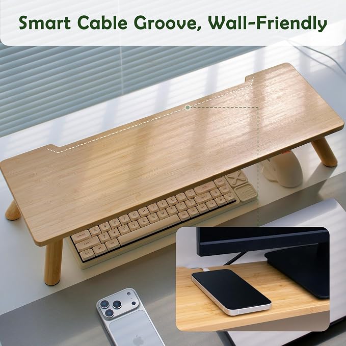 Bamboo Monitor Stand Riser with Cable Routing Slot and Storage | 23.6-inch Wide, Ergonomic Desk Shelf, Natural Wood Desktop Organizer for Monitor Laptop Printer, Home Office Accessory - Image 4