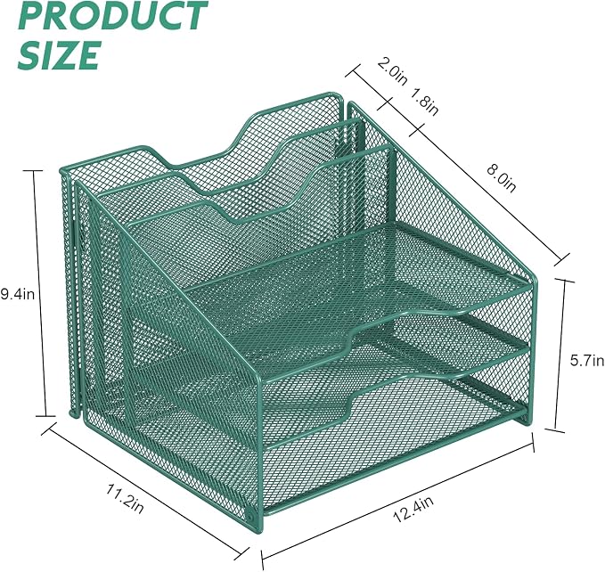 Samstar Green Desk File Organizer, Mesh Letter File Folder Holder with 3 Paper Trays and 2 Vertical Upright Section, for Office Supplies, Desk Accessories & Workspace, Green - Image 3