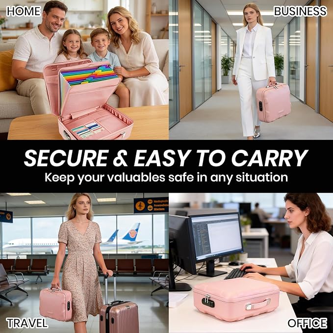 Fireproof Document Box, Hard Case Fireproof File Organizer Box with Lock and 13 Pocket Accordion File Folder, Portable Safe Box for Office Storage Important Documents (Pink) - Image 6