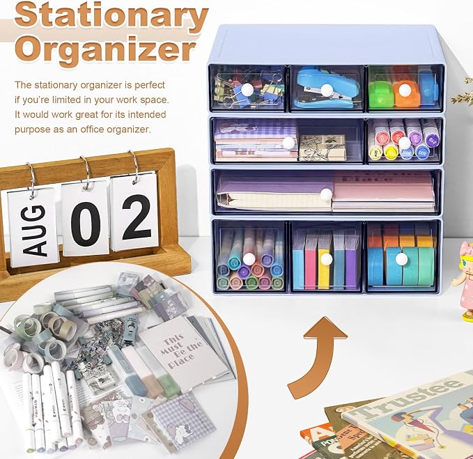 Desk Organizer with 9 Drawers, 4 Tier Plastic Stackable Storage Drawers for Desk Storage, Office Stationary Makeup Organizer Suit for Home Office and School - Image 5