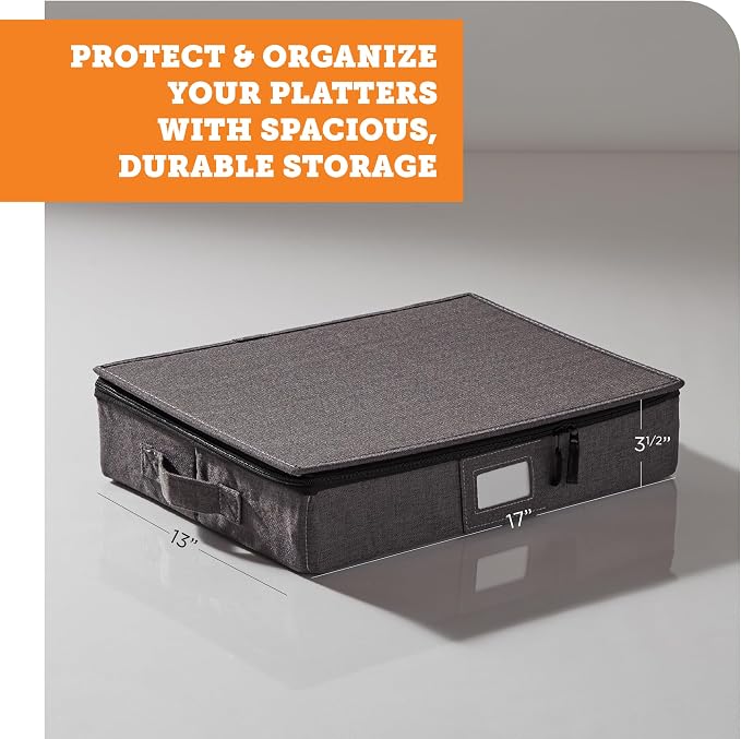 Hard Shell Platter Storage Container | Felt Dividers | Gray | Hard Shell Platter Case Holds 4 Large Serving Platters With Felt Dividers. Dual Zippers, Stackable, Dust-Free. - Image 7