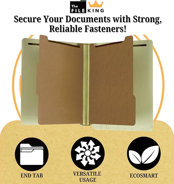 The File King Two Divider Pressboard Classification Pale Green File Folder - Letter Size | Box of 10 | End Tab | 2” Expansion | Six 2-Inch Fastener Prongs | Made in America - Image 3